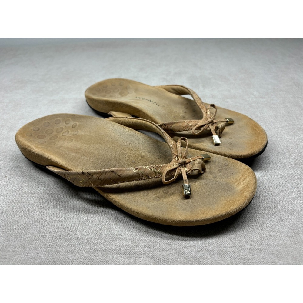 Vionic Sandals Brown 10 Bella II Cork Slides Flip Flops Contoured Footbed Bow